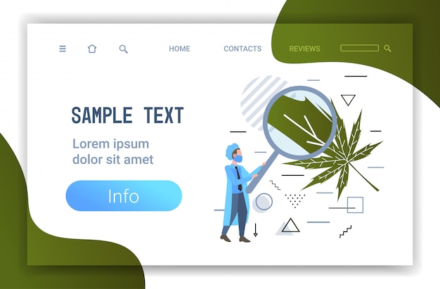 Pesquisador masculino usando lupa para verificar a folha de maconha farmácia conceito médico cannabis conceito horizontal comprimento total cópia espaço