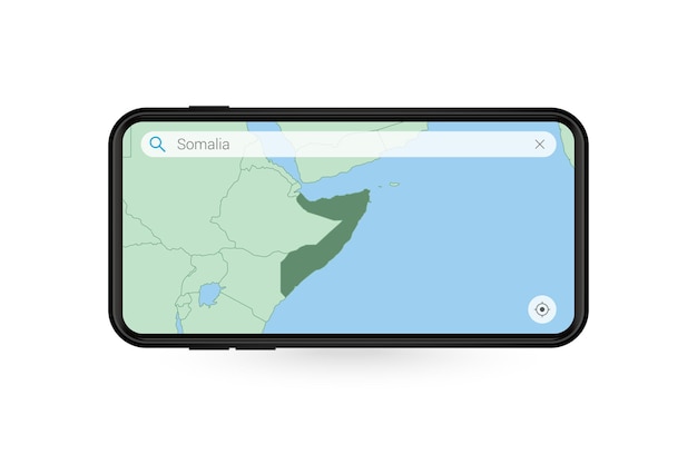 Pesquisando o mapa da somália no aplicativo de mapa do smartphone. mapa da somália no celular.