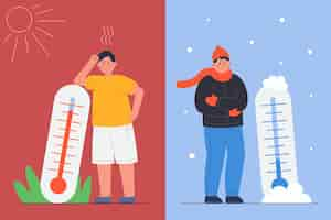 Vetor grátis pessoa com frio do inverno, calor do verão e termômetro. homem parado no gelo e na neve ou sofrendo de ilustração vetorial plana de clima quente. meteorologia, conceito de temperaturas extremamente altas e baixas