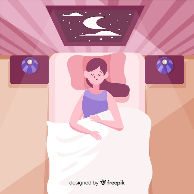 Vetor grátis pessoa plana dormindo à noite no fundo da cama