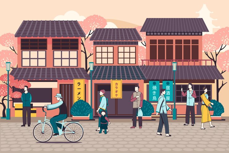 Vetor grátis pessoas andando na rua japonesa