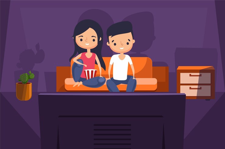 Vetor grátis pessoas assistindo a um filme em casa na tv