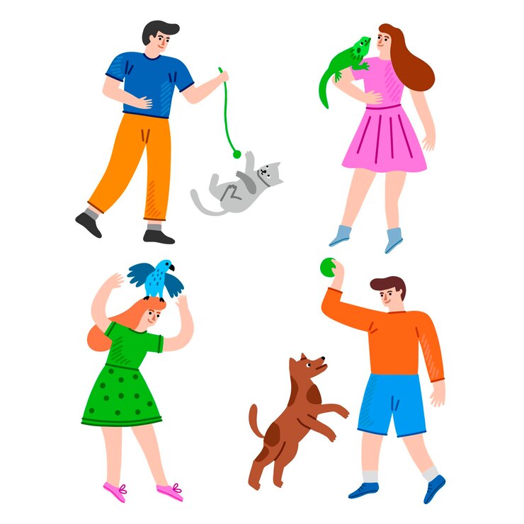 Vetor grátis pessoas brincando com seus animais de estimação juntos