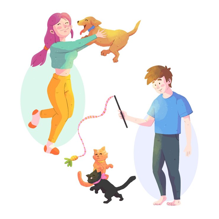 Vetor grátis pessoas brincando com seus animais de estimação