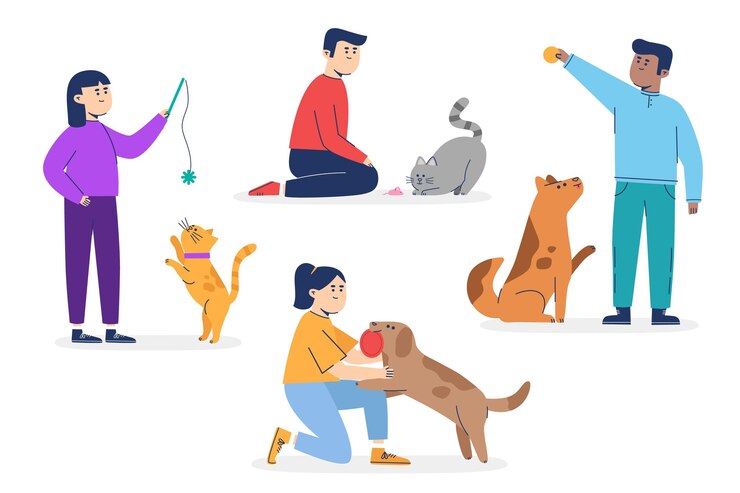 Vetor grátis pessoas brincando com seus animais de estimação