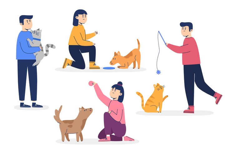 Vetor grátis pessoas brincando com seus animais de estimação