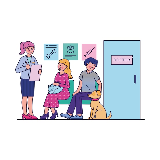Pessoas com animais de estimação à espera de médico na fila