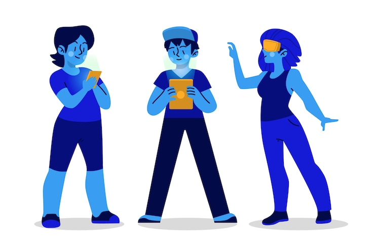 Vetor grátis pessoas com dispositivos de tecnologia em tons de azul
