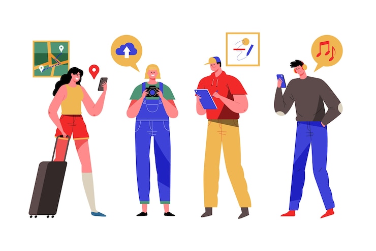 Vetor grátis pessoas com dispositivos de tecnologia isolados no branco