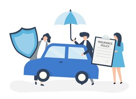 Pessoas com ícones relacionados ao seguro de carro