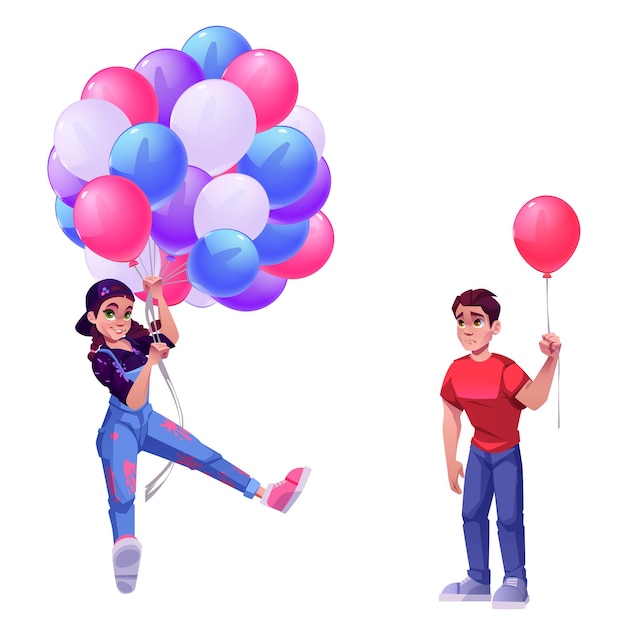Vetor grátis pessoas com ilustração vetorial de desenho de balão designer de garota segurando muitos balões na mão e sorrindo homem triste com um suporte de balão voador grupo social posa para ganhar e perder design desenhado isolado