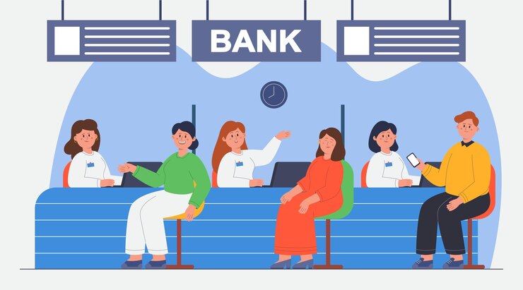 Vetor grátis pessoas conversando com gerentes em ilustração vetorial plana de banco. clientes sentados e aconselhando sobre a contratação de empréstimo, abertura de depósito ou solicitação de hipoteca. serviço bancário, conceito de departamento