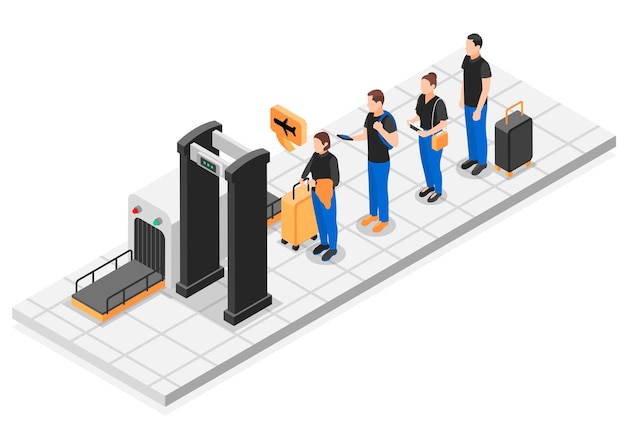 Vetor grátis pessoas de conceito isométrico de fila em pé na fila em frente ao quadro do detector de metais no aeroporto ilustração do vetor