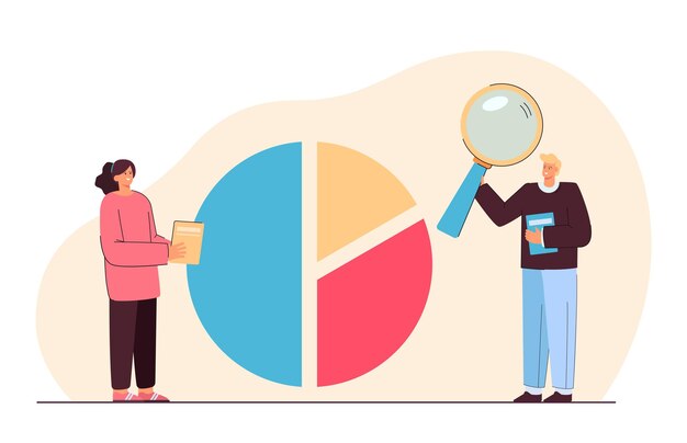 Pessoas de negócios analisando estatísticas de gráfico de pizza. Trabalhador de escritório segurando lupa ilustração vetorial plana. Finanças, economia, conceito de marketing para banner, design de site ou página de destino