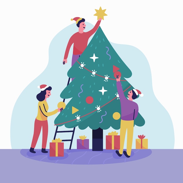 Pessoas decorando a árvore de natal