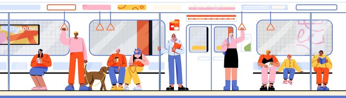 Vetor grátis pessoas dentro do trem ou metrô subterrâneo