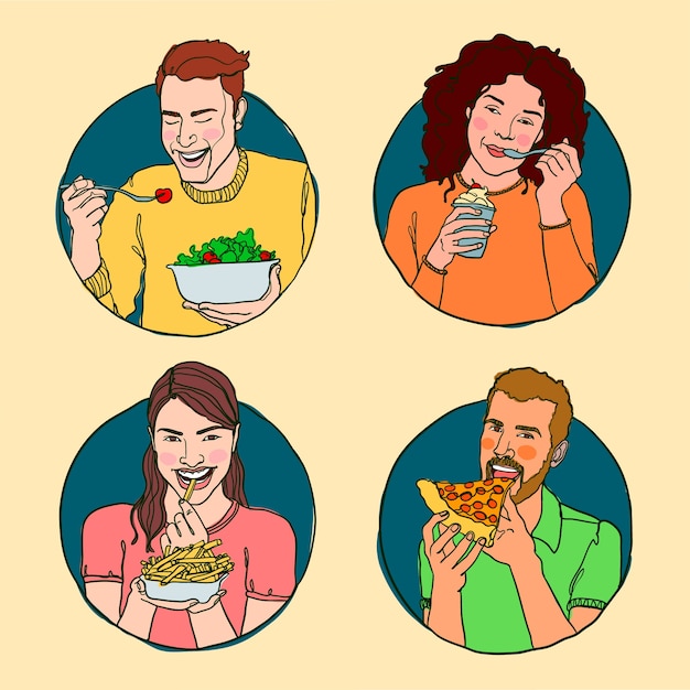 Vetor grátis pessoas desenhadas à mão comendo ilustração