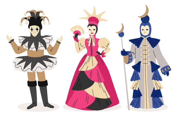 Vetor grátis pessoas desenhadas à mão usando fantasias de carnaval italiano