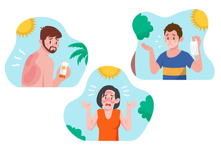 Vetor grátis pessoas diferentes com uma coleção de queimaduras solares
