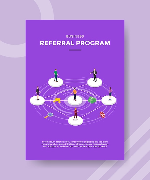 Pessoas do programa de referência de negócios em pé em forma de círculo, conectadas umas às outras para um modelo de banner e folheto