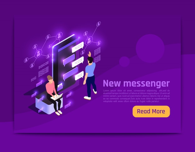 Pessoas e interfaces brilham banner isométrico com o novo título do messenger e leem mais ilustração vetorial de botão