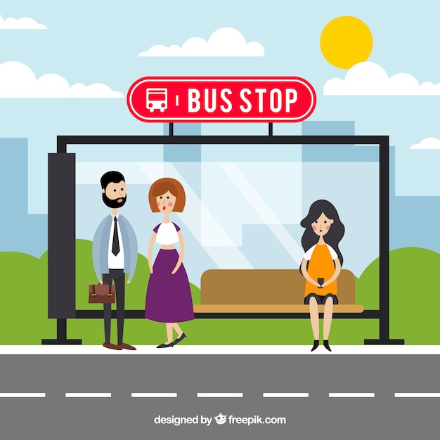 Pessoas esperando o ônibus com design plano