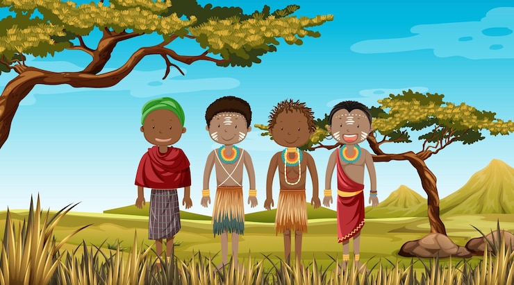 Vetor grátis pessoas étnicas de tribos africanas em roupas tradicionais na natureza