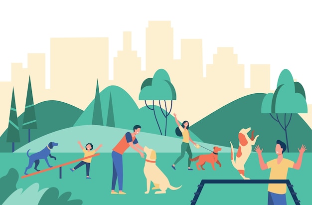 Pessoas felizes andando com cães no parque da cidade isolado ilustração plana.