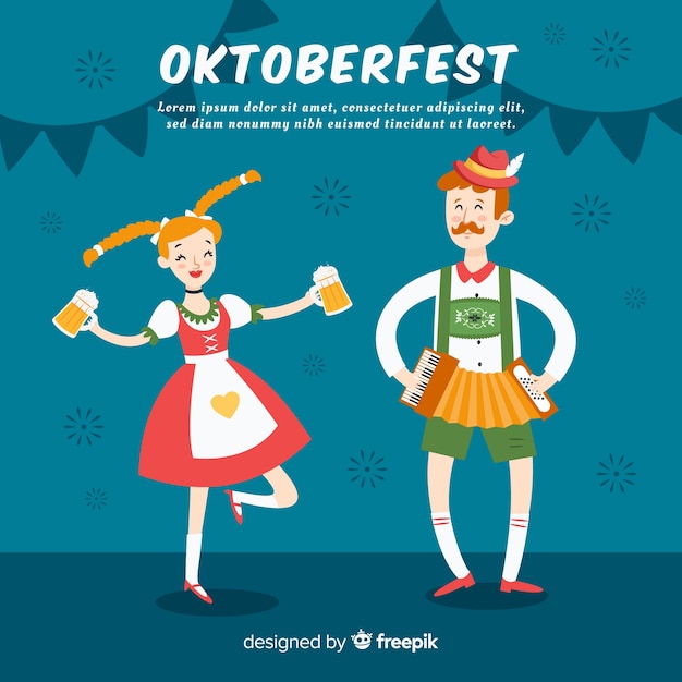 Pessoas felizes, celebrando a oktoberfest com design plano