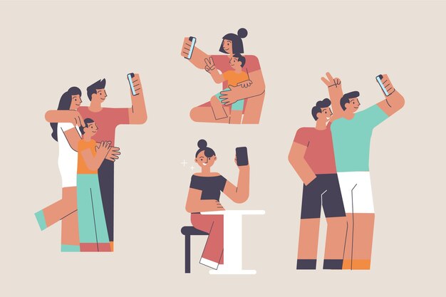 Pessoas ilustradas tirando fotos com smartphone