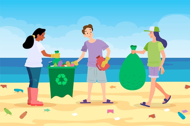Vetor grátis pessoas limpando a praia do lixo