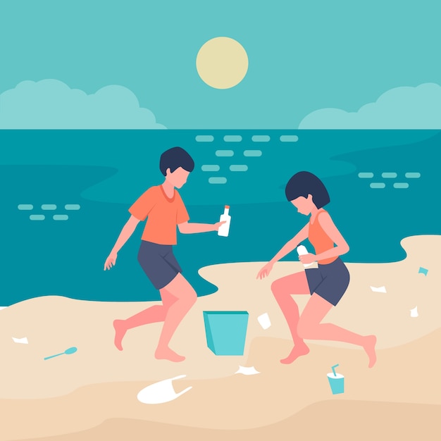 Pessoas limpando a praia juntos