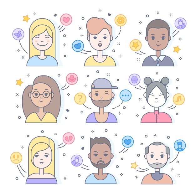 Pessoas lineares Linear enfrenta o conjunto de ícones. Avatar de mídia social, userpic e perfis.