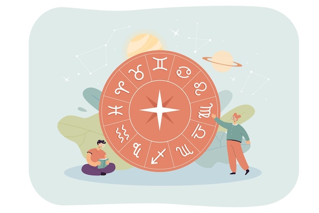Pessoas minúsculas e círculo de horóscopo com signos do zodíaco. Estrelas, constelações e planetas na ilustração vetorial plana do céu. Astrologia, conceito de astronomia para banner, design de site ou página da web de destino