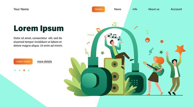 Pessoas minúsculas felizes ouvindo música espiritual perto de ilustração vetorial plana de fones de ouvido enormes. Cara jovem segurando estrela e uma garota tocando guitarra. Estilo de vida e conceito de tecnologia