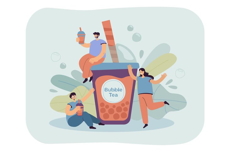 Vetor grátis pessoas minúsculas positivas bebendo chá de bolha ilustração plana isolada.