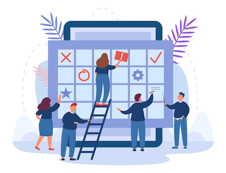 Vetor grátis pessoas minúsculas usando o aplicativo de calendário de compromissos para planejar eventos. funcionários masculinos e femininos com lembrete de prazo on-line, planejador agendar ilustração vetorial plana. gerenciamento de tempo, conceito de organizador