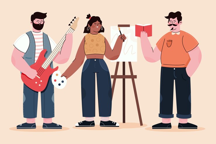 Vetor grátis pessoas modernas fazendo atividades culturais