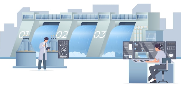 Pessoas monitorando o trabalho da usina hidrelétrica com represa em ilustração vetorial plana de fundo