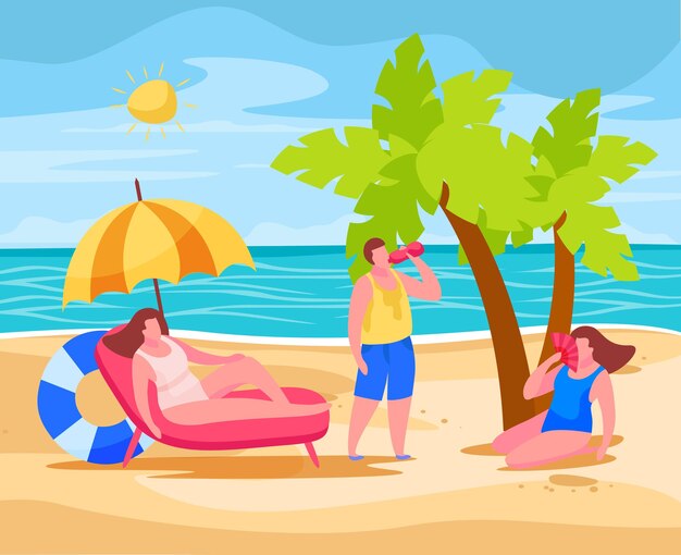 Pessoas na praia, evitando o superaquecimento do verão, a insolação, sentadas sob o guarda-sol, bebendo água usando leque chinês