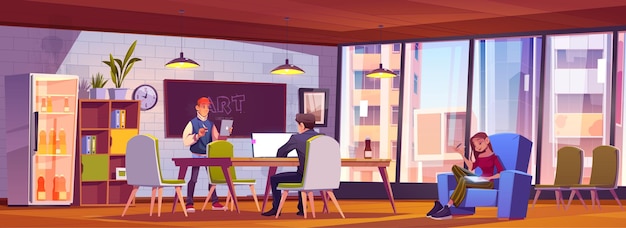 Pessoas no escritório de coworking loft desenvolvem ideia de negócio ou projeto de arte, trabalho em equipe, conceito de brainstorm. equipe criativa relaxada sentada à mesa e poltronas na área de trabalho, ilustração vetorial dos desenhos animados