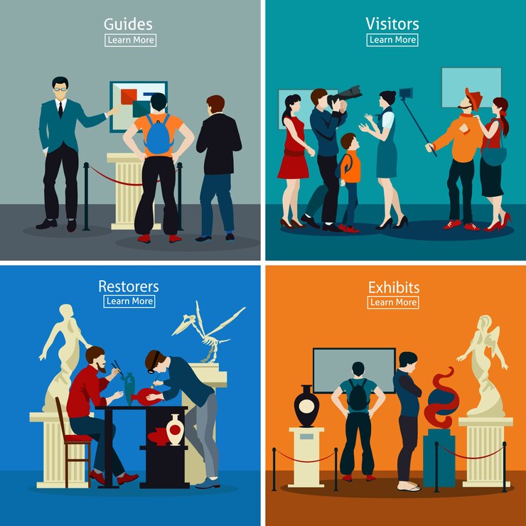 Vetor grátis pessoas no museu e galeria 2x2 design concept
