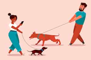 Vetor grátis pessoas passeando com o cachorro