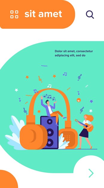 Pessoas pequenas felizes ouvindo música espiritual perto de enormes fones de ouvido ilustração vetorial plana