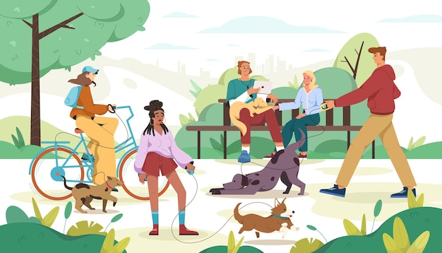 Vetor grátis pessoas planas andam com cães na coleira no parque da cidade