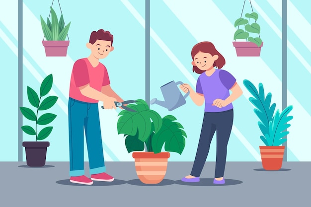 Pessoas planas cuidando das plantas