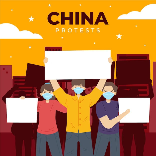 Vetor grátis pessoas planas desenhadas à mão segurando banners ilustração de protestos na china