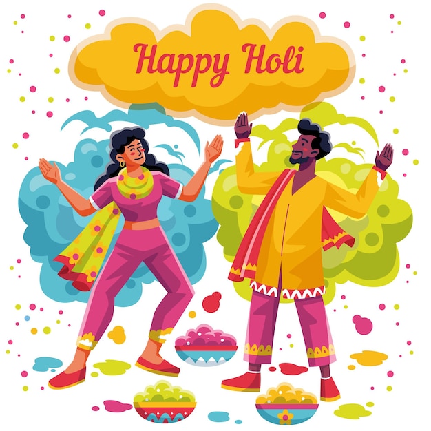 Pessoas planas e detalhadas celebrando o festival de holi