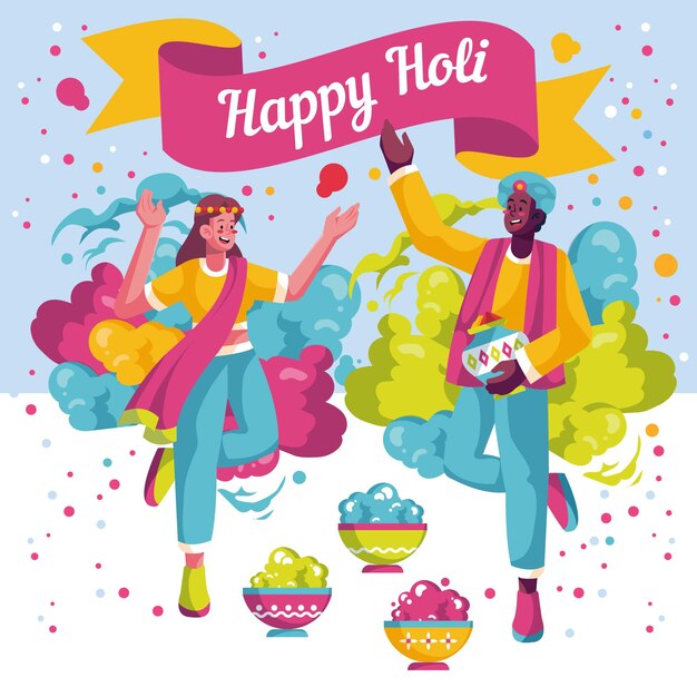 Pessoas planas e detalhadas celebrando o festival de holi