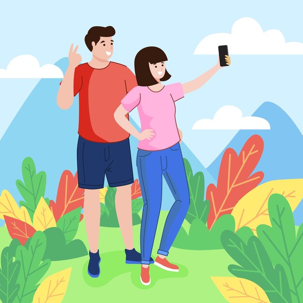 Pessoas planas tirando selfie na natureza